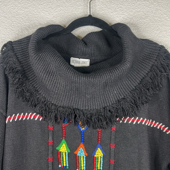 Victoria Jones Vintage Black Knit Aztec Boho Beaded Cowl Neck Sweater Size Large - Picture 2 of 8